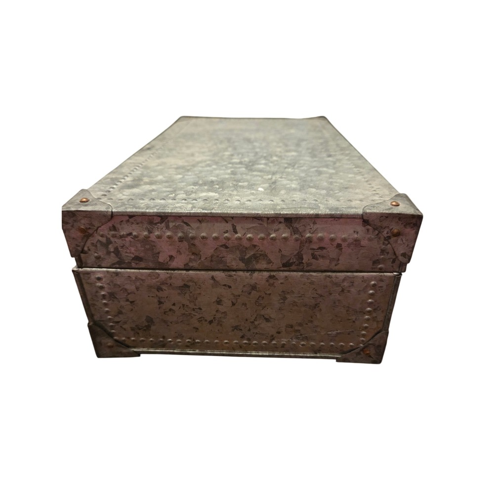 Galvanized Metal Storage Trunk  Silver Industrial Rustic Box Leather Handle - Picture 4 of 7